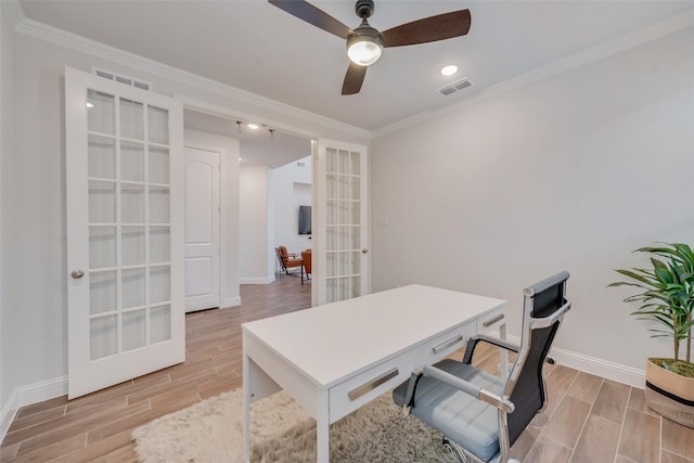 home office with a ceiling fan, french doors, visible vents, and wood tiled floor