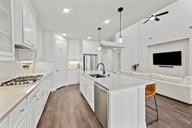 kitchen with wood finish floors, appliances with stainless steel finishes, a ceiling fan, and a sink