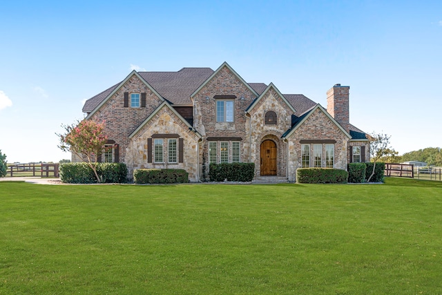 french country inspired facade featuring stone siding, fence, a front yard, brick siding, and a chimney