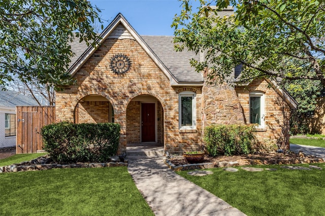 english style home featuring brick siding, a front yard, and roof with shingles