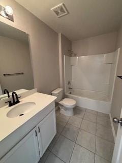 bathroom with tile patterned flooring, visible vents, toilet, vanity, and  shower combination