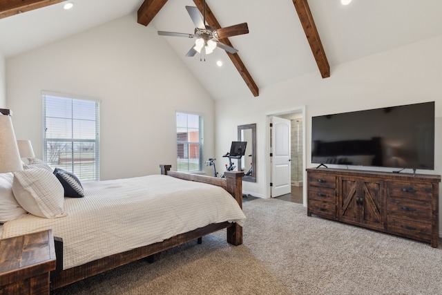 carpeted bedroom with a ceiling fan, high vaulted ceiling, ensuite bath, recessed lighting, and beamed ceiling