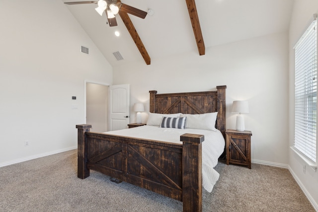 carpeted bedroom with beamed ceiling, baseboards, high vaulted ceiling, and visible vents