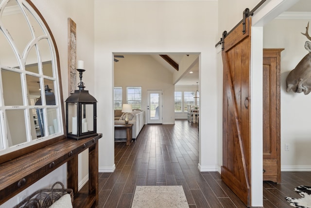 foyer featuring a barn door, wood finish floors, baseboards, and a towering ceiling