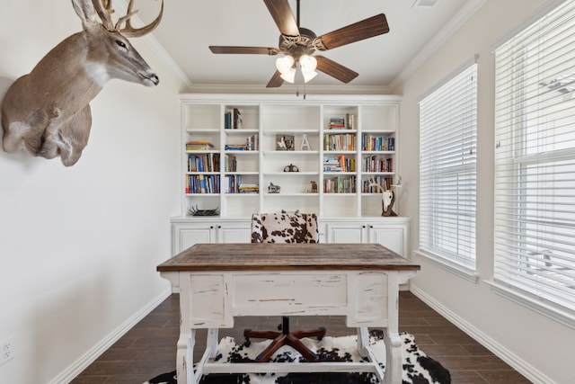 office area featuring a ceiling fan, baseboards, wood tiled floor, and crown molding