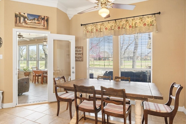 5710 Nutcracker Dr, Granbury, TX 76049 - dining area featuring a ceiling fan, ornamental molding, and light tile patterned floors