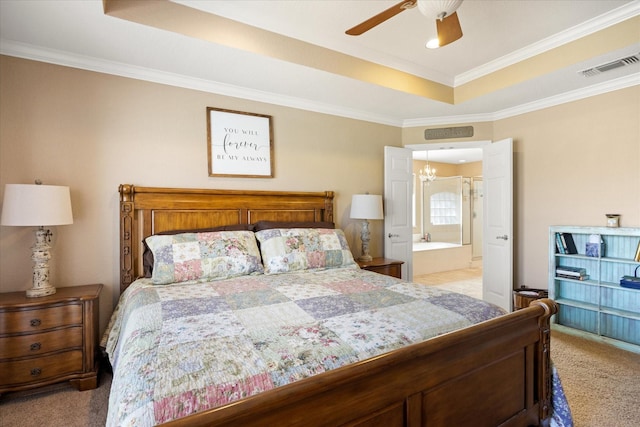 5710 Nutcracker Dr, Granbury, TX 76049 - bedroom featuring a raised ceiling, light colored carpet, a chandelier, ornamental molding, and connected bathroom