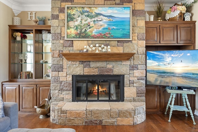 living area with crown molding, wood finished floors, and a fireplace