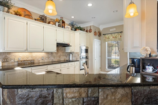 5710 Nutcracker Dr, Granbury, TX 76049 - kitchen featuring stainless steel appliances, under cabinet range hood, decorative backsplash, white cabinets, and decorative light fixtures