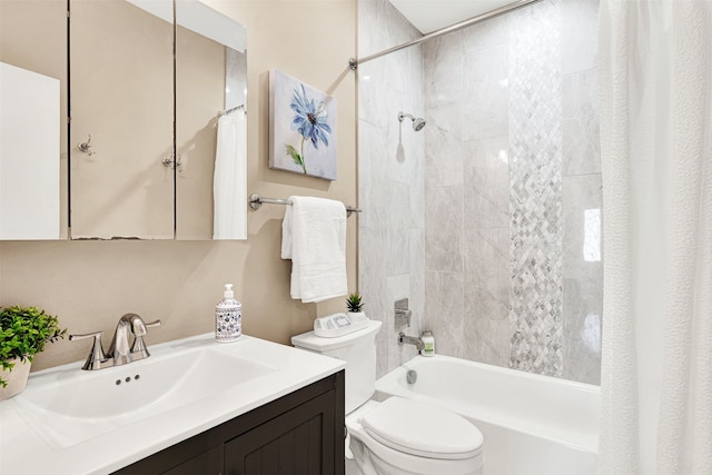 bathroom with vanity, toilet, and shower / bathtub combination with curtain