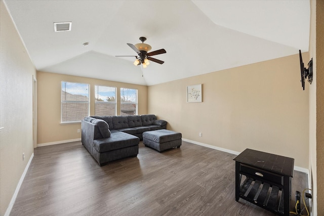 living room featuring visible vents, wood finished floors, ceiling fan, and vaulted ceiling