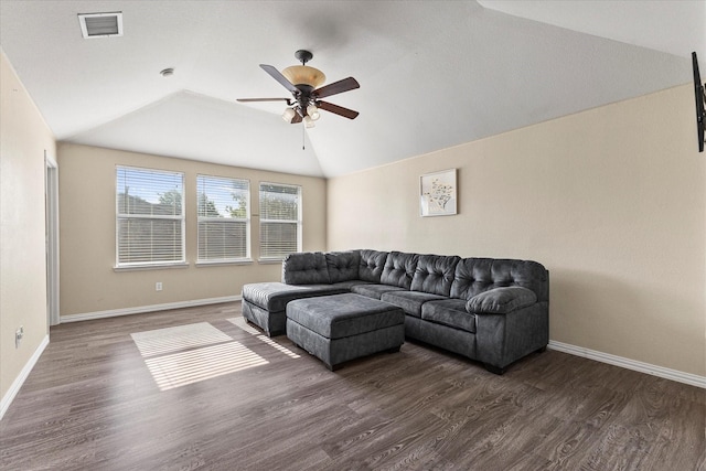 308 Highland Meadows Dr, Wylie, TX 75098 - living room with vaulted ceiling, ceiling fan, dark wood-style floors, and baseboards