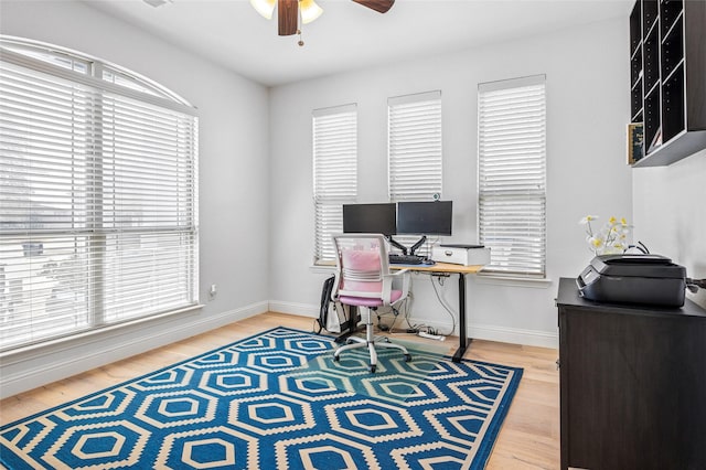 home office with baseboards, a ceiling fan, and wood finished floors