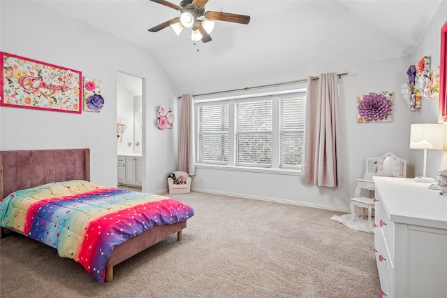 bedroom with light carpet, ceiling fan, baseboards, and vaulted ceiling