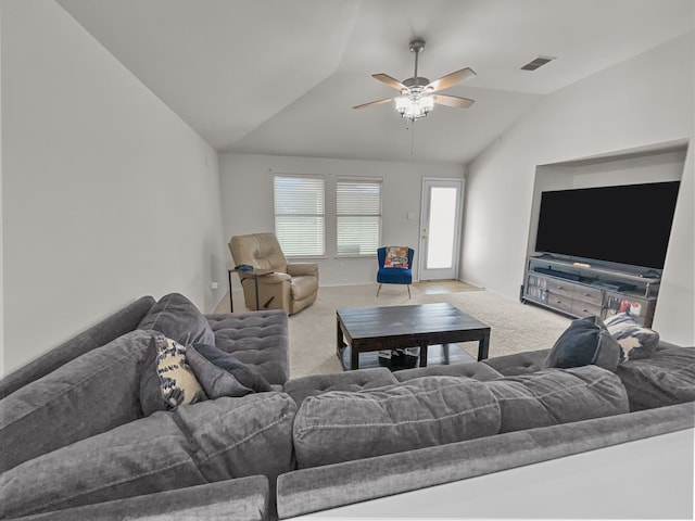8828 King Ranch Dr, Cross Roads, TX 76227 - living room featuring vaulted ceiling, carpet, and ceiling fan