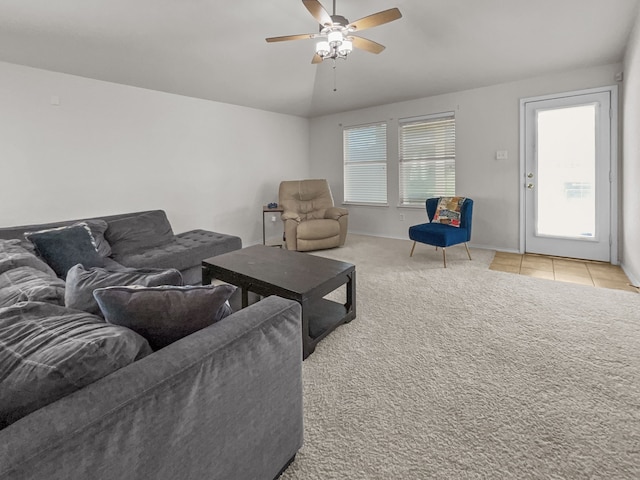 8828 King Ranch Dr, Cross Roads, TX 76227 - living room featuring ceiling fan, light carpet, and baseboards