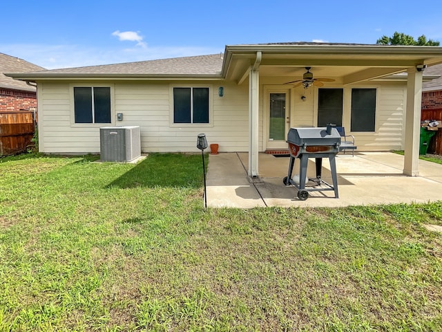 8828 King Ranch Dr, Cross Roads, TX 76227 - back of house featuring central air condition unit, a ceiling fan, and a patio