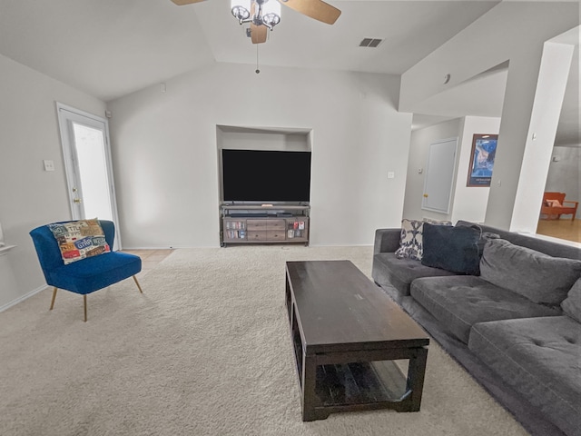 8828 King Ranch Dr, Cross Roads, TX 76227 - living room with carpet flooring, ceiling fan, vaulted ceiling, and baseboards