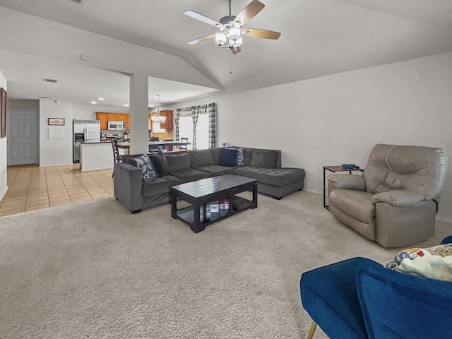 8828 King Ranch Dr, Cross Roads, TX 76227 - living area with ceiling fan, lofted ceiling, light carpet, and baseboards