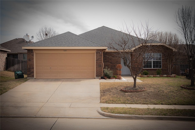 ranch-style house with brick siding, an attached garage, driveway, and a shingled roof