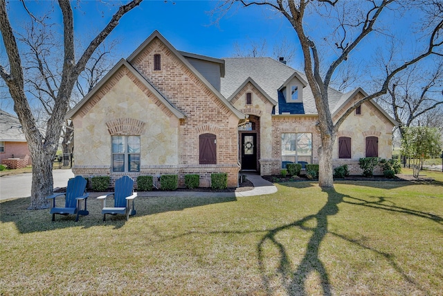 french country style house featuring brick siding, a front yard, and a shingled roof