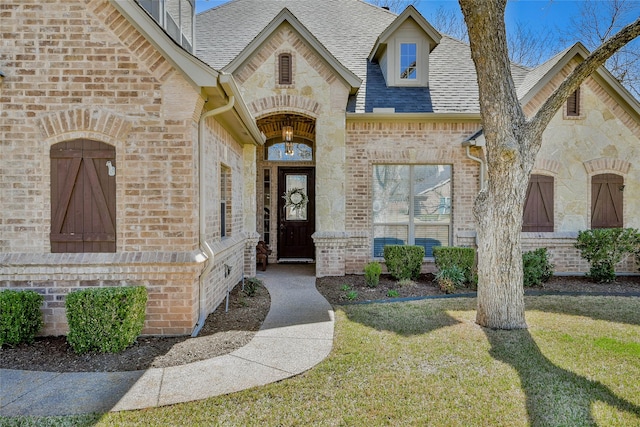 property entrance with stone siding, a lawn, roof with shingles, and brick siding