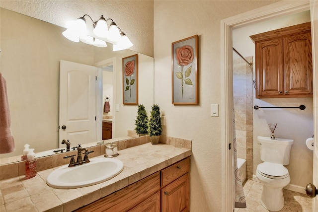 bathroom with shower / tub combo, toilet, vanity, and tile patterned flooring