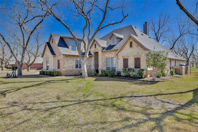 french country inspired facade with a front yard, roof with shingles, a chimney, stone siding, and brick siding