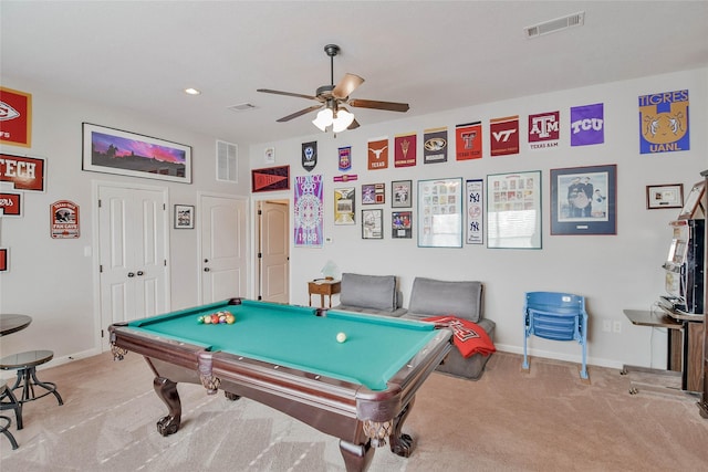 game room with visible vents, billiards, carpet, and a ceiling fan