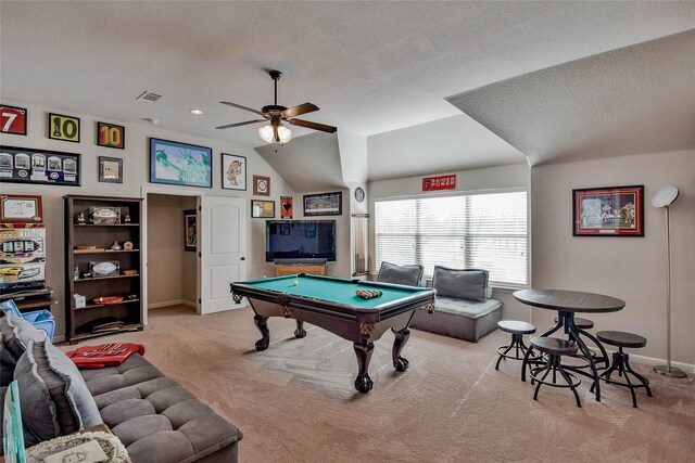 recreation room with carpet flooring, pool table, ceiling fan, and vaulted ceiling