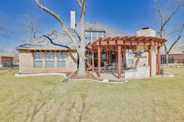 back of house featuring a patio area, a chimney, fence, and a pergola