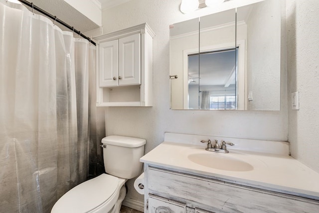 full bathroom with toilet, vanity, crown molding, and a textured wall