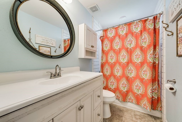 full bathroom featuring visible vents, toilet, vanity, and shower / bathtub combination with curtain