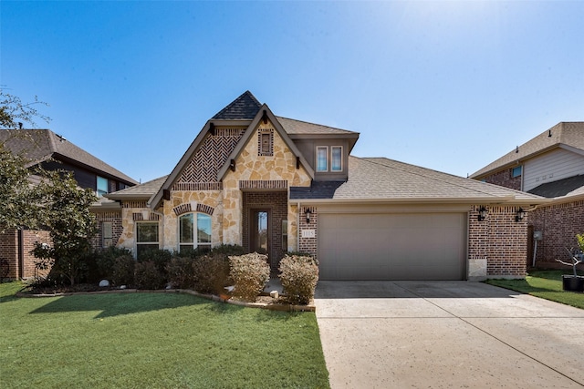 view of front of house with a shingled roof, a front lawn, concrete driveway, a garage, and stone siding