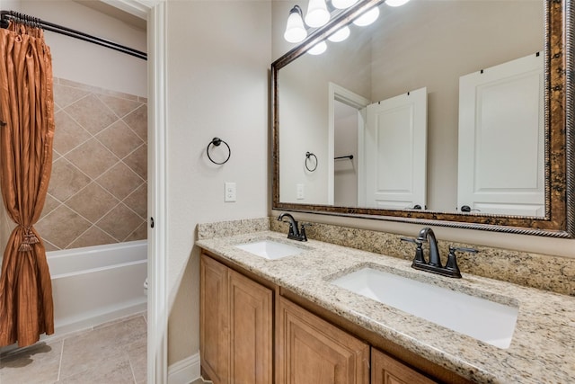 full bath featuring a sink, tile patterned floors, double vanity, and shower / bath combination with curtain