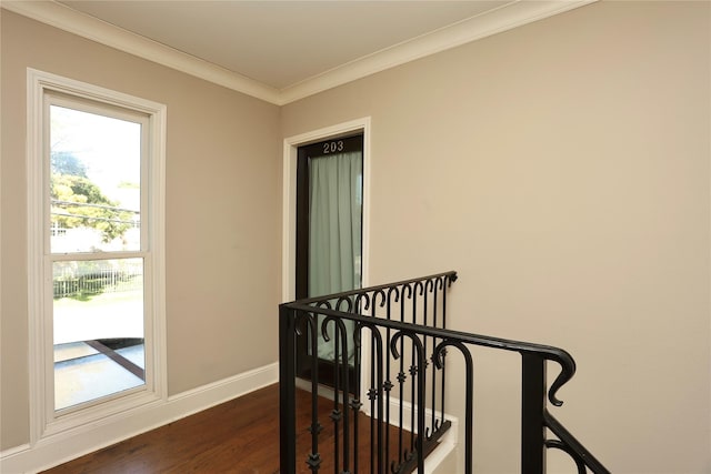 hallway with baseboards, an upstairs landing, dark wood-style floors, and ornamental molding