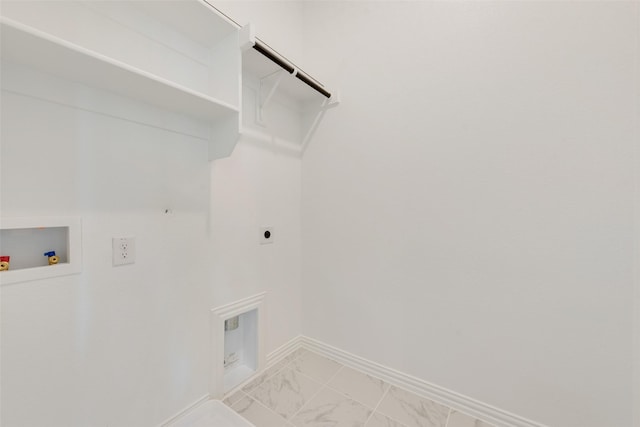 4301 Ruth Rd, North Richland Hills, TX 76180 - laundry room featuring marble finish floor, laundry area, hookup for an electric dryer, hookup for a washing machine, and baseboards