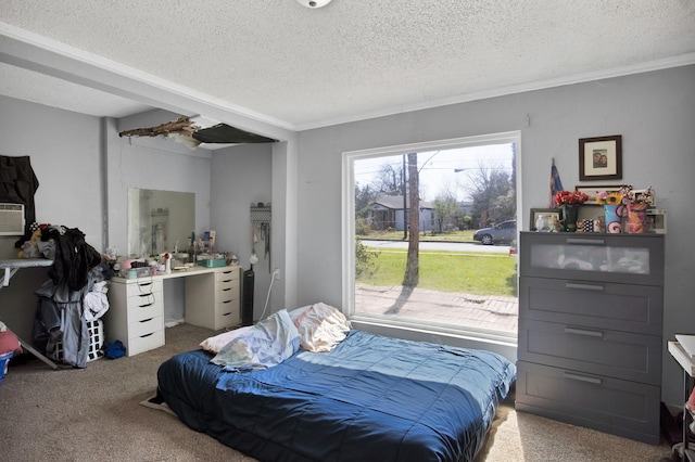 carpeted bedroom featuring access to exterior, crown molding, and a textured ceiling