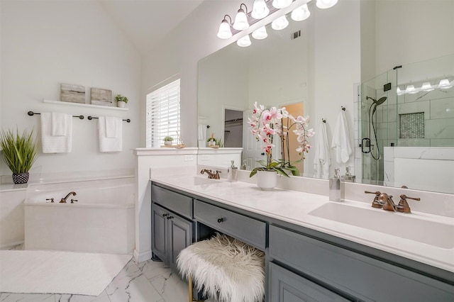 bathroom featuring a shower stall, visible vents, marble finish floor, and a sink