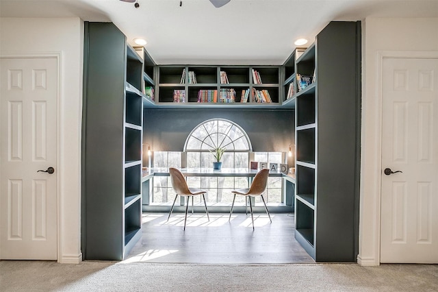 interior space with a wealth of natural light, built in shelves, and carpet