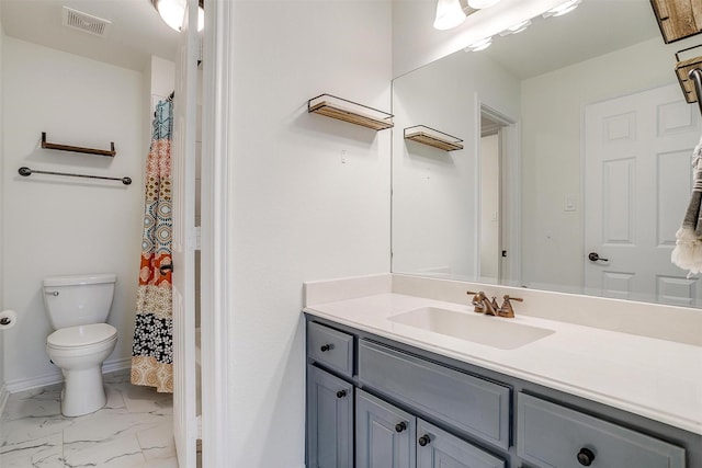 bathroom with visible vents, toilet, marble finish floor, baseboards, and vanity