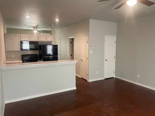 kitchen featuring baseboards, finished concrete floors, ceiling fan, black appliances, and light countertops