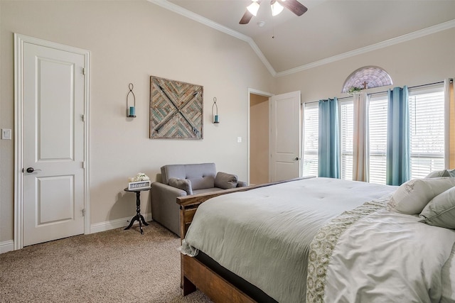 carpeted bedroom with a ceiling fan, lofted ceiling, crown molding, and baseboards