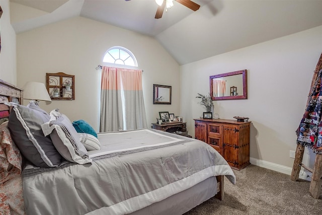 bedroom featuring vaulted ceiling, baseboards, carpet floors, and ceiling fan