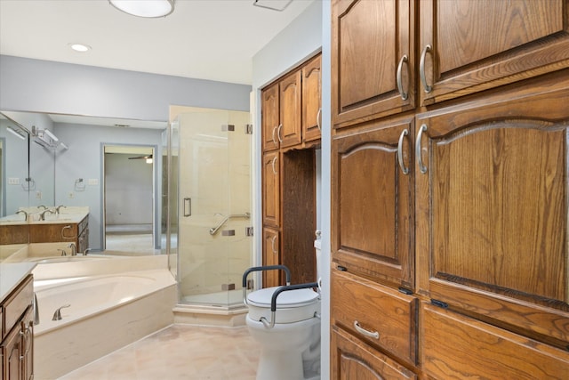 bathroom featuring vanity, a bath, tile patterned flooring, a shower stall, and toilet