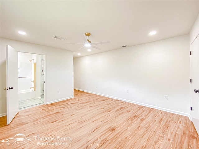 empty room featuring recessed lighting, visible vents, light wood finished floors, and ceiling fan