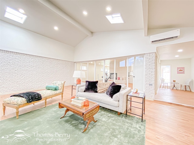 living room with wood finished floors, high vaulted ceiling, recessed lighting, an AC wall unit, and beamed ceiling