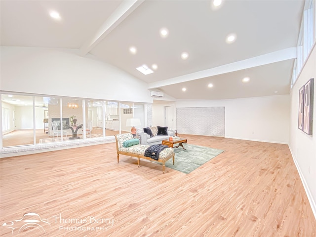 living room featuring beamed ceiling, recessed lighting, baseboards, and wood finished floors