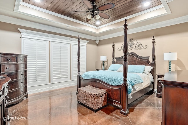 bedroom with a raised ceiling, wood ceiling, crown molding, and granite finish floor