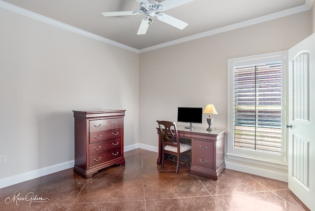 office featuring crown molding, a ceiling fan, and baseboards